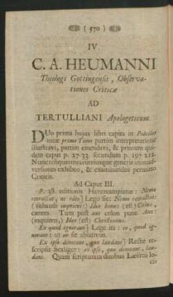 IV. - C. A. HEUMANNI Observationes Criticae ad Tertulliani Apologeticum