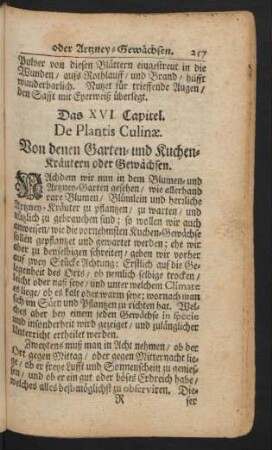 Das XVI. Capitel. De Plantis Culinae. Von denen Garten- und Kuchen-Kräutern oder Gewächsen.