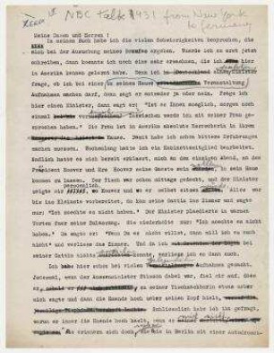 Maschinenschriftliches Typoskript von Erich Salomon zum NBC Talk New York