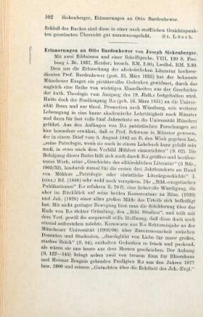 102-103 [Rezension] Sickenberger, Joseph, Erinnerungen an Otto Bardenhewer