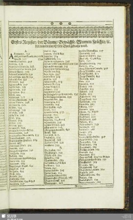 Erstes Register, der Bäume, Gewächse, Blumen, Früchte, etc. deren in diesem Ersten Theil gedacht wird