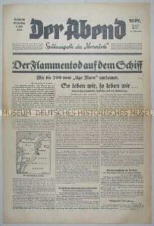 Sozialdemokratische Abendzeitung "Der Abend" u.a. zur Schiffskatastrophe der "Age Maru"