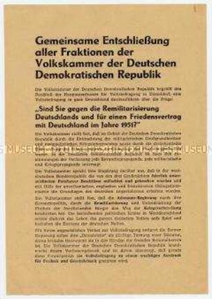 Sonderdruck der Entschließung der Volkskammer über Volksbefragung für Friedensvertrag, gegen Remilitarisierung
