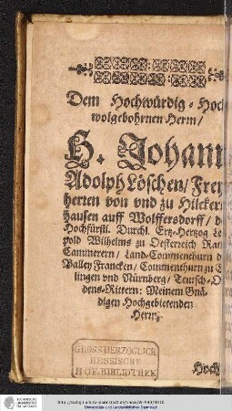 [Widmung, Provenienzstempel der Großherzoglichen Hofbibliothek Darmstadt] DEDICATION.