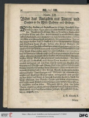Num. XII. Wider das Ausgehen mit Flinten und Hunden in die Wild=Bahnen und Gehege