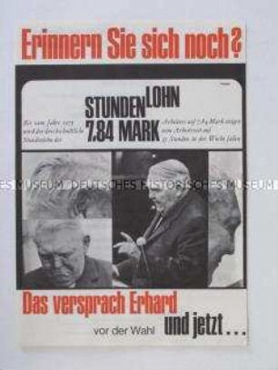 Illustriertes Propagandaflugblatt des DGB gegen die Wirtschaftspolitik der Erhard-Regierung gemessen an den Wahlversprechen
