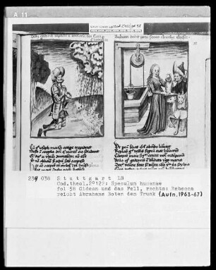 Zwei Schriften — Speculum humanae salvationis — Textseite mit zwei Miniaturen, Folio 58recto