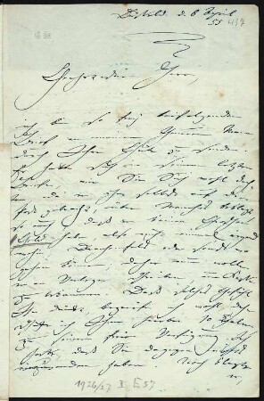 Brief von Clara Schumann an Eberhard Peters : Brief von Clara Schumann an Eberhard Peters. Düsseldorf, 06.04.1855. Seite 1. Dresden: SLUB Mscr.Dresd.App.232,181d