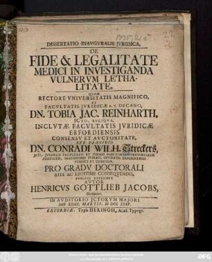Dissertatio Inavgvralis Jvridica, De Fide & Legalitate Medici In Investiganda Vuvlnerum Lethalitate