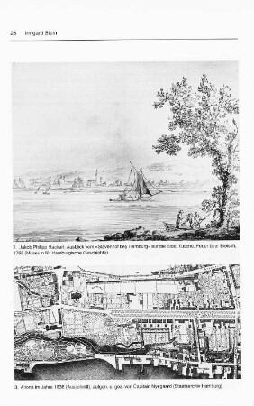 2. Jakob Philipp Hackert: Ausblick vom "Slavenhof bey Hamburg" auf die Elbe; Tusche, Feder über Bleistift, 1765 (Museum für Hamburgische Geschichte) 3. Altona im Jahre 1836 (Ausschnitt), aufgen. u. gez. von Capitain Nyegaard (Staatsarchiv Hamburg)