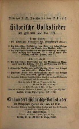 Historische Volkslieder der Zeit von 1756 bis 1871 : 2 Bände in 6 Heften, Bd. 1 = Heft 1. Die historischen Volkslieder des siebenjährigen Krieges 1756 - 1763 : nebst geschichtlichen und sonstigen Erläuterungen