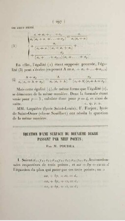 Équation d'une surface du deuxième degré passant par neuf points.