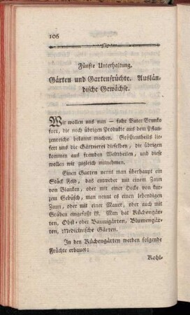 Fünfte Unterhaltung. Gärten und Gartenfrüchte. Ausländische Gewächse.