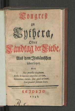Congreß zu Cythera, Oder Landtag der Liebe, Aus dem Italiänischen uebersetzet