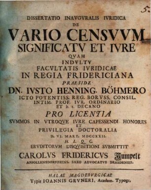 Dissertatio Inavgvralis Ivridica De Vario Censvvm Significatv Et Ivre