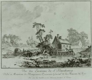 Vue des environs de St. Petersbourg (Blockhaus und Pfahlrostbrücke) : Russland, St. Petersburg, Pfahlrostbrücke, Radierung, 1764