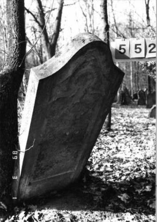 Grabstein 552 (Index: 99753015) Material: Sandstein Zustand: abgeblättert mit völl. Textverlust Maße HxBxT: 142x57x14 cm Beschreibung: Stele, Konvexbogenabschluß, Schriftfeld eingetieft: Grabstein 552