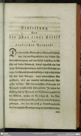 Einleitung Von der Idee einer Critik der praktischen Vernunft