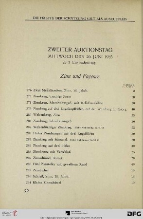 Zweiter Auktionstag: Mittwoch, den 26. Juni 1935, ab 3 Uhr nachmittags (Nr. 276-550)