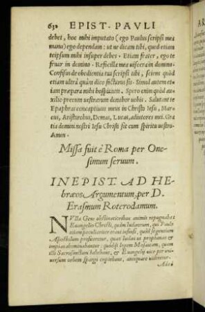 In Epist. Ad Hebraeos Argumentum, per D. Erasmum Roterodamum.