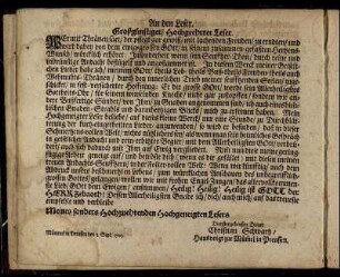 An den Leser. - Kling-Geticht des Autoris, An Die Preißwürdige Herrn Musicos, ...
