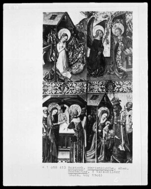 Von links oben nach rechts unten: Geburt Christi, Verkündigung, Darbringung im Tempel, Anbetung der Könige