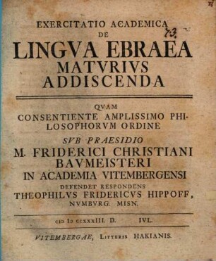 Exercitatio acad. de lingua Ebraea maturius addiscenda