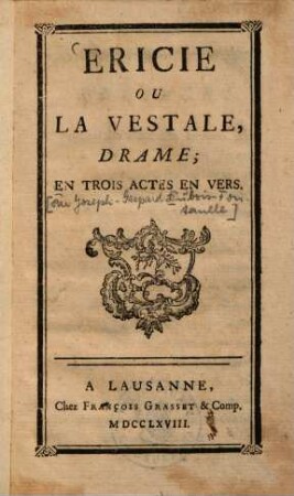 Ericie ou la vestale : drame; en 3 actes en vers
