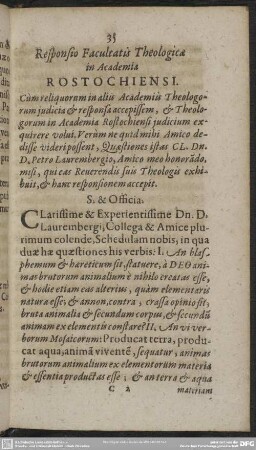 Responsio Facultatis Theologicae in Academia Rostochiensi