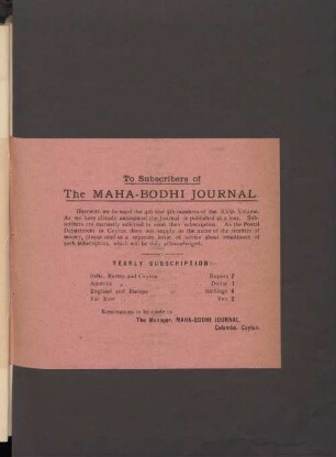 To Subscribers of The Maha-Bodhi Journal