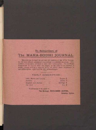 To Subscribers of The Maha-Bodhi Journal