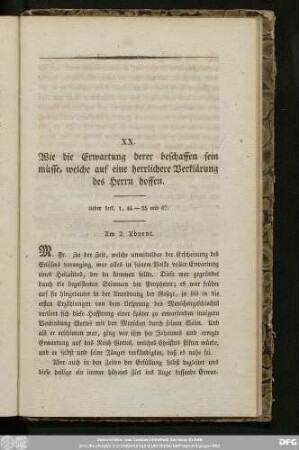 XX. Wie die Erwartung derer beschaffen sein müsse, welche auf eine herrlichere Verklärung des Herrn hoffen.