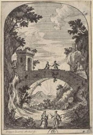 Bühnenbild für die Oper „Il Ciro“ von Alessandro Scarlatti im Teatro Ottoboni des Palazzo della Cancelleria in Rom im Jahr 1712 (Akt 1, Szene 1: Landschaft mit Brücke in der Umgebung von Ekbatana in Medien)