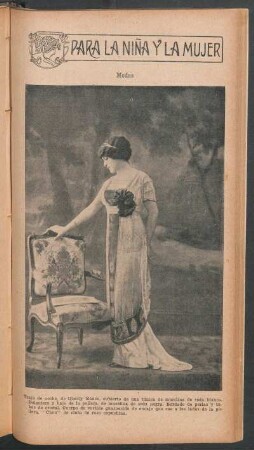 Modas - Traje de noche, de liberty blanco [...] - [Fotografía] : Para la niña y la mujer