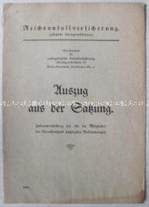 Informationsblatt der Reichsunfallversicherung mit einem Auszug aus der Satzung