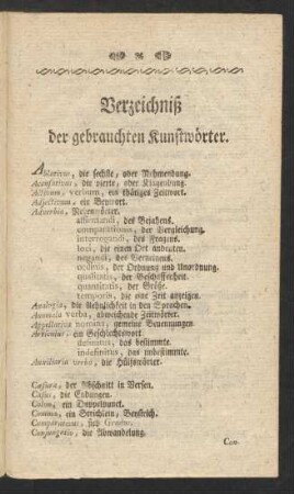 Verzeichniß der gebrauchten Kunstwörter.