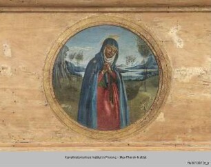 Geburt und Anbetung Christi : Predella mit der trauernden Maria, Auferstehung Christi und dem Heiligen Johannes Evangelista
