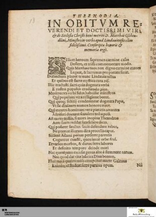 Threnodia, In Obitum Reverendi Et Doctissimi Viri