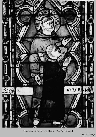Fenster B-IX, B-VIII und B-VII der Nikolauskapelle : Fenster B-VIII: Präsentation der Orsini-Brüder : Der Heilige Franziskus präsentiert Gian Gaetano Orsini