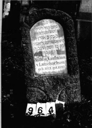 Grabstein 964 (Index: 99802668) Material: Marmorplatte in Naturstein Zustand: gut Maße HxBxT: 93x46x21 cm Beschreibung: Stele mit Flachbogenabschluß, Inschriftenplatte: Grabstein 964