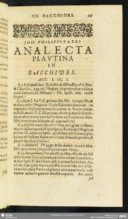 Joh. Philippi Parei Analecta Plautina In Bacchides