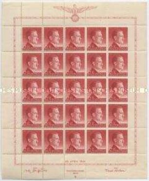 Kompletter Bogen mit 25 Briefmarken zu 24 Zloty aus dem Generalgouvernement zum 54. Geburtstag von Adolf Hitler 1943