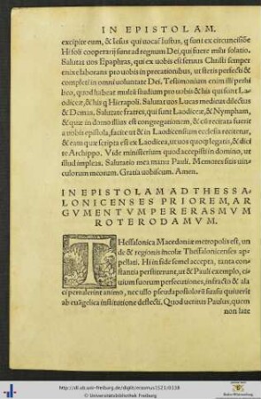 Epistolae Ad Thessalonicenses cum Argumetis