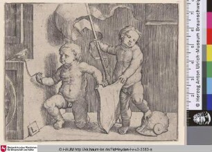 [Zwei nackte Kinder mit Wappenschild; Two nude children supporting a blank shield]