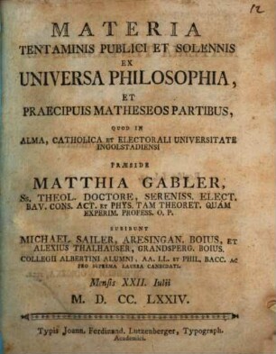 Materia Tentaminis Publici Et Solennis Ex Universa Philosophia, Et Praecipuis Matheseos Partibus