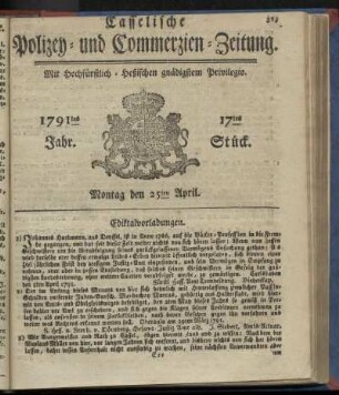 17tes Stueck, Montag den 25ten April. 1791