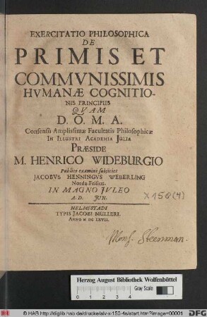 Exercitatio Philosophica De Primis Et Communissimis Humanae Cognitionis Principiis