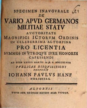 Specimen inaugurale de vario apud Germanos militiae statu