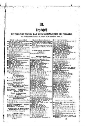 III. Verzeichniß der Einwohner Berlins nach ihren Beschäftigungen und Gewerben