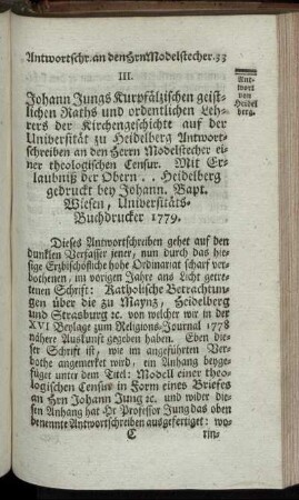 Begriff eines Antwortschreibens von Heidelberg an den Herrn Modelstecher einer theologischen Censur